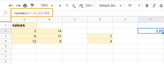 Example to AVEDEV Function in Google Sheets
