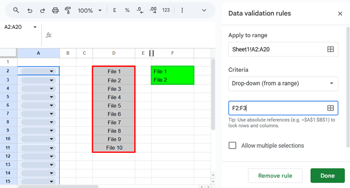 Google Sheets Data Validation panel showing cell range for drop-down and source list range for ordered values