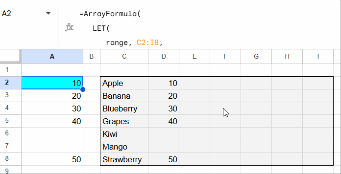 Animated demonstration of a formula extracting the last used column from a dynamic data range in Google Sheets