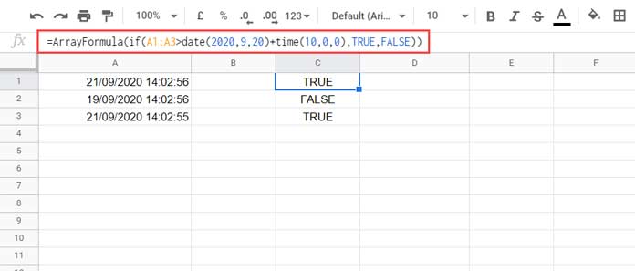 Example to Using timestamp within IF function in Google Sheets