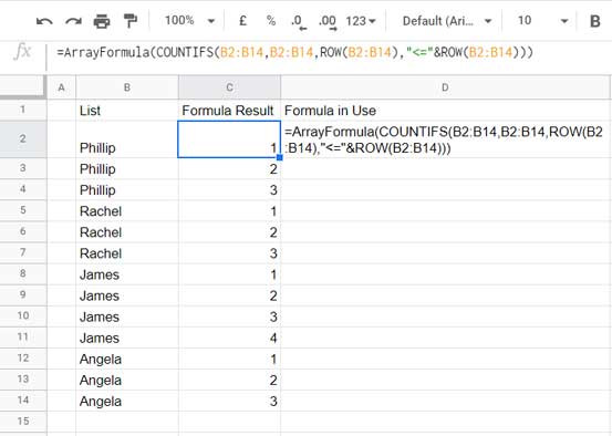 Count of Occurrence Array Formula