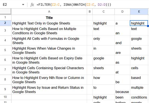 Filtering out common stop words in Google Sheets