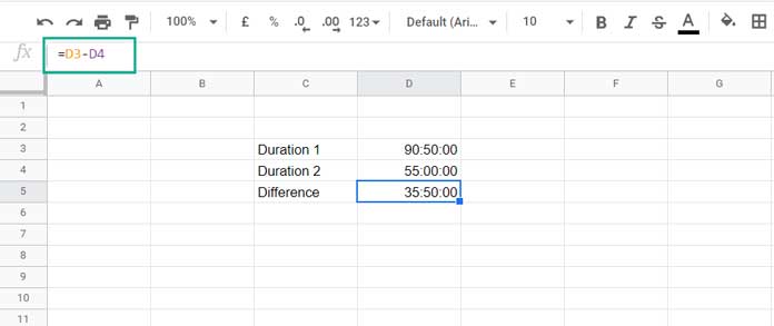 Example to Subtract a Duration from Duration in Google Sheets