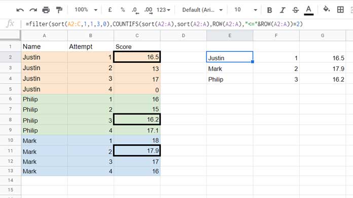 Google Sheets Formula to Find the Second Highest Value from Every Group
