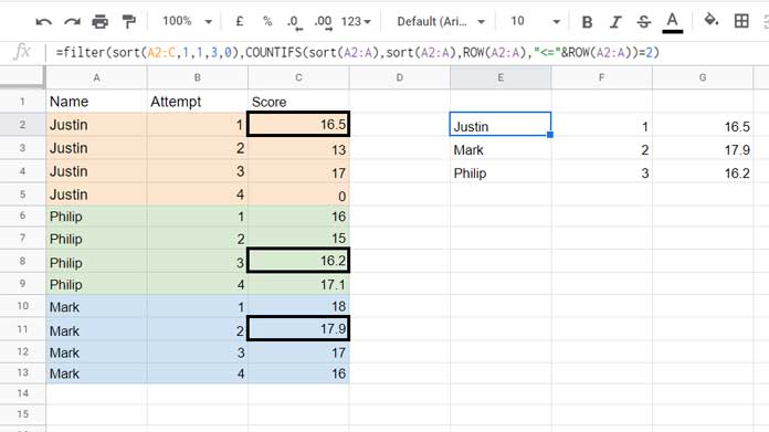 Google Sheets Formula to Find the Second Highest Value in Each Group