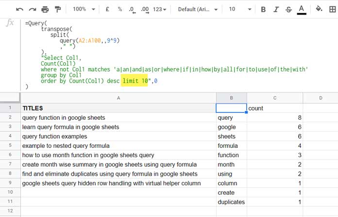 Formula for the Most Frequent Keywords from Titles in Sheets