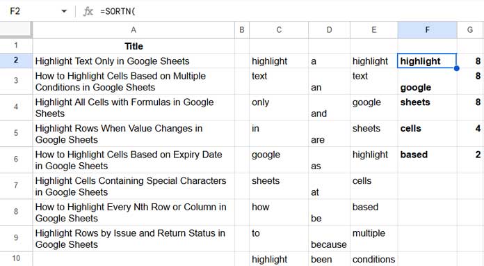 Example of finding the most frequent keywords from titles in Google Sheets