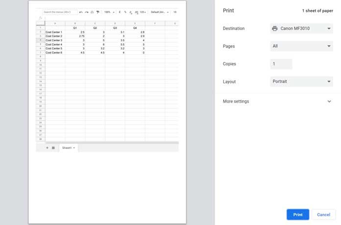 quick workaround to print column and row headings in Google Sheets 