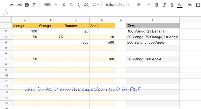 Example to Concatenate Header Names with the Values of the Cells Below