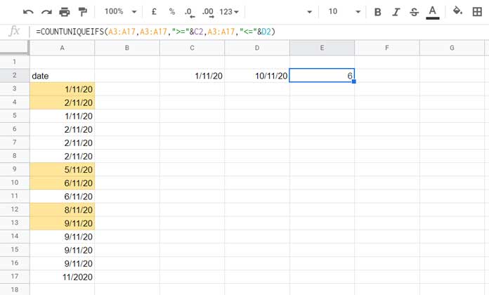 Countniqueifs to Count Dates in a Date Range in Google Sheets