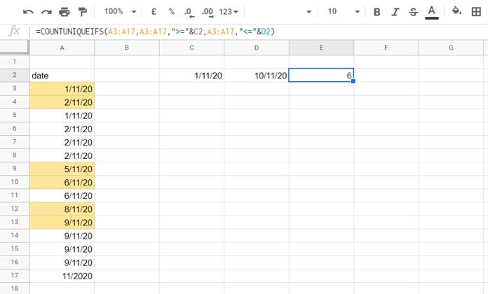 Countuniqueifs to Count Dates in a Date Range in Google Sheets