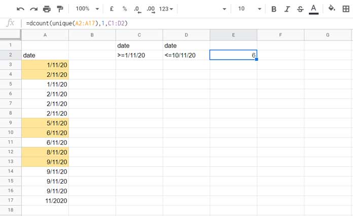 Count Unique Dates in a Date Range Using Dcount