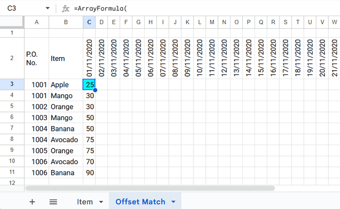VLOOKUP formula output showing quantity values based on combined P.O. No. and Item in Google Sheets