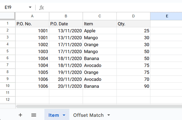 Sample purchase order data with P.O. No., P.O. Date, Item, and Qty columns in Google Sheets