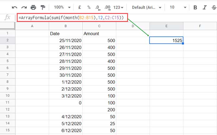 12-th Month Issue in SUMIF Formula in Google Sheets