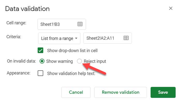 Show Warning and Reject Input - Validation Settings