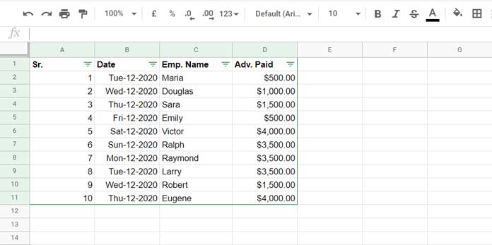Sample data for COUNTIFS excluding hidden rows in Google Sheets