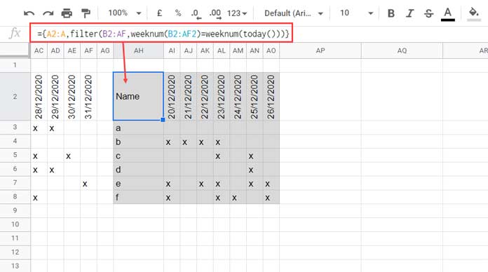 Filter Current Week Horizontally in Google Sheets