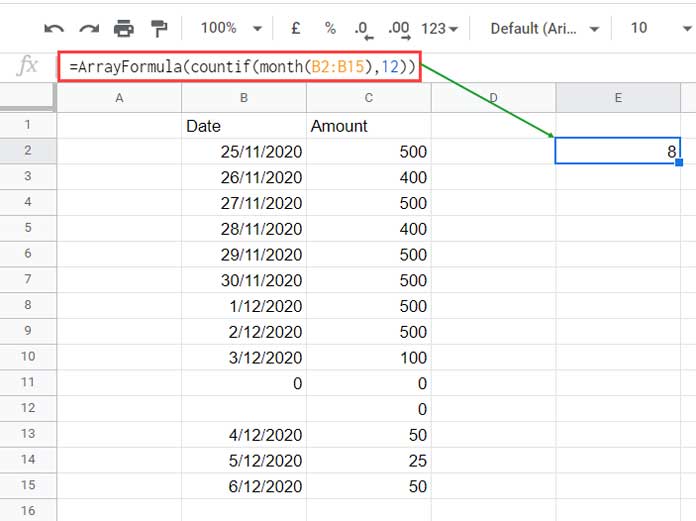 12-th Month Issue in Countif Formula in Google Sheets