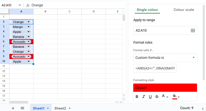Conditional formatting sidebar in Google Sheets with a custom formula applied and invalid drop-down cells highlighted in red