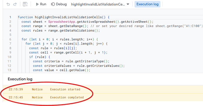 Google Apps Script execution log displaying a successful run confirmation message