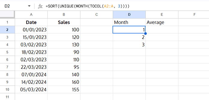 Google Sheets formula in D2 extracting sorted unique month numbers using TOCOL, MONTH, UNIQUE, and SORT