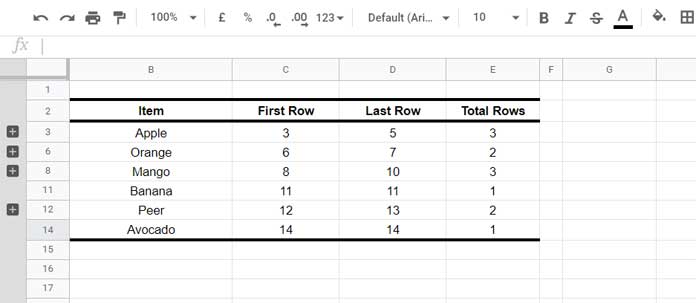 First and Last Row Numbers of Items and Total Rows