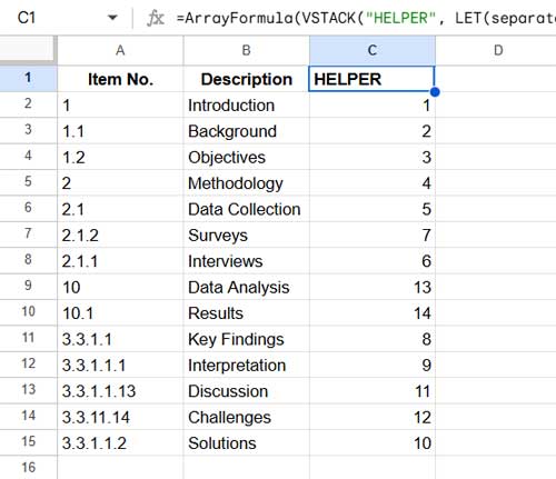 Helper column for sorting outline numbers using the sort menu in Google Sheets