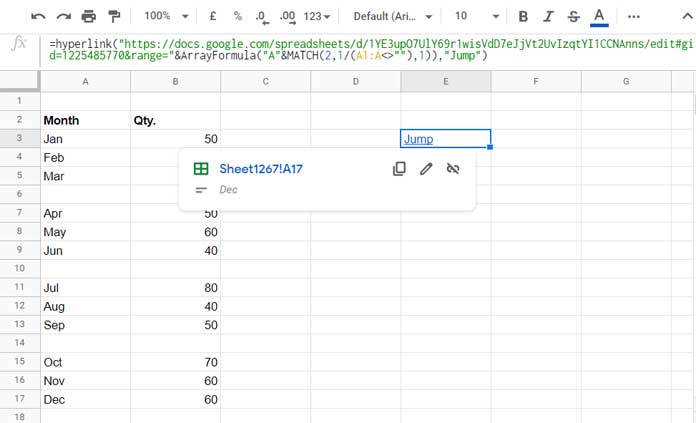 Hyperlink Formula to Jump to the Last Cell with Data in a Column