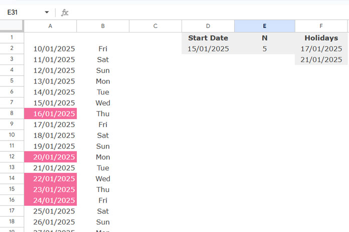 Example of Highlighting the Next N Working Days in Google Sheets