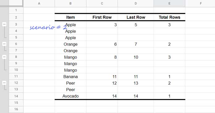 Get the First and Last Row Numbers of Items in Google Sheets