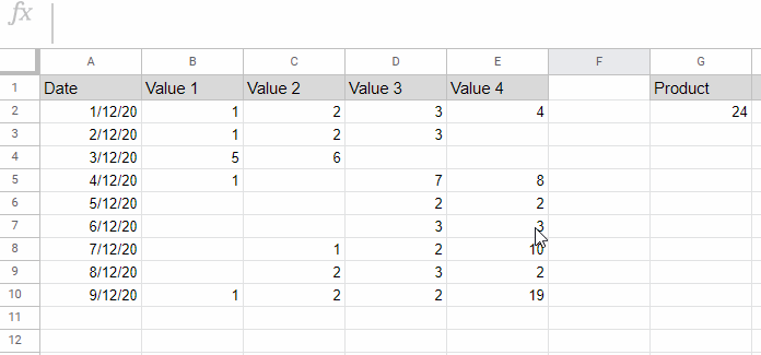 Row-Wise Product in Google Sheets