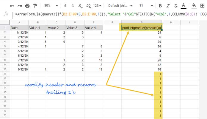 PRODUCT Array Formula in Google Sheets