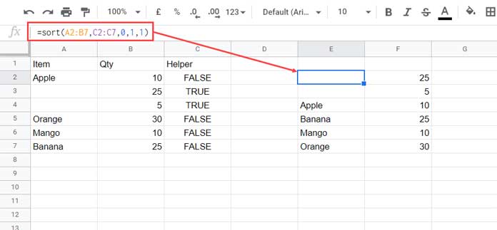 Sort Rows Using Helper Column to Bring the Blank Cells on Top