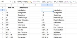 Formula-based sorting of text-formatted multi-level numbers in Google Sheets