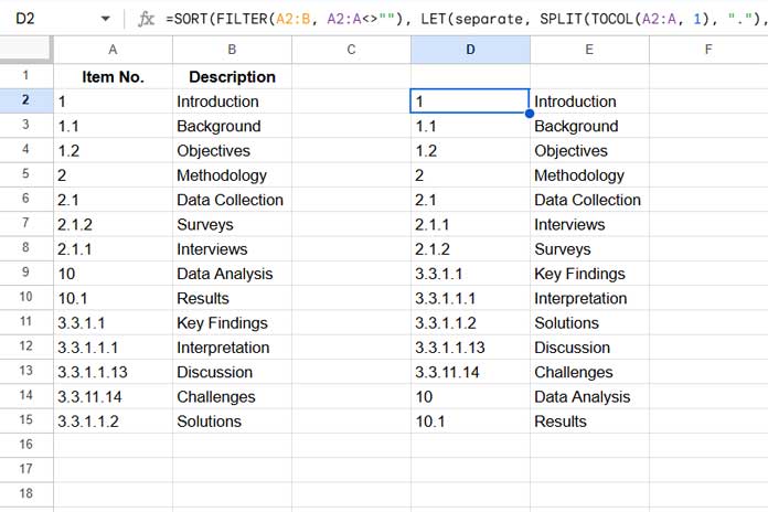 Formula-based sorting of text-formatted multi-level numbers in Google Sheets