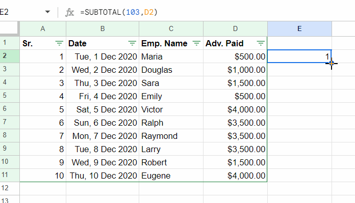 Subtotal used in COUNTIFS to exclude hidden rows in Google Sheets