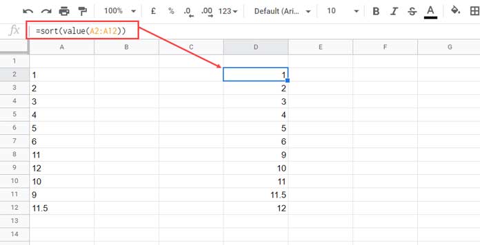 Formula to Sort Numbers Formatted as Text Using the VALUE Function
