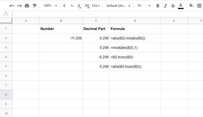 Formulas to Extract Decimal Part in Google Sheets