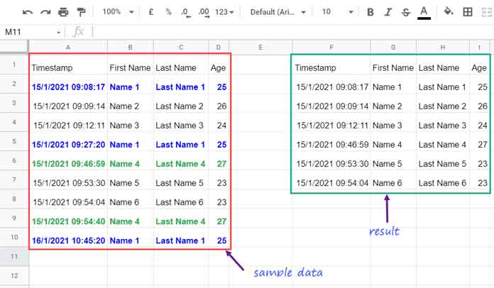 Example to Unique Rows Ignoring Timestamp Column