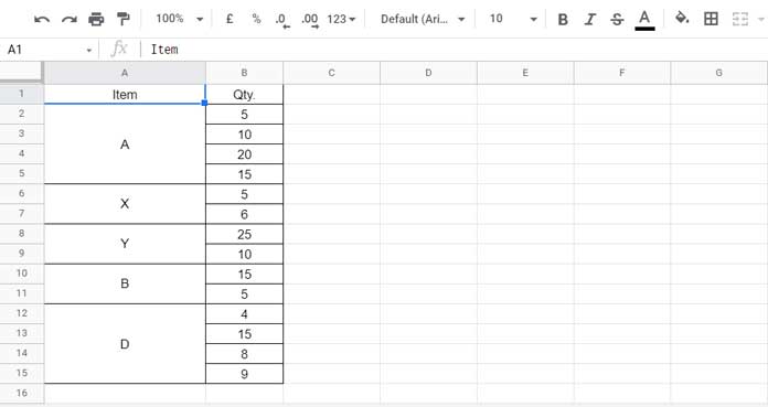 Vertically Merged Cells in Google Sheets
