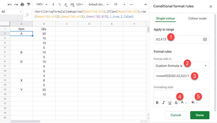 Formatting Rule to Color Change Repeated Values Below