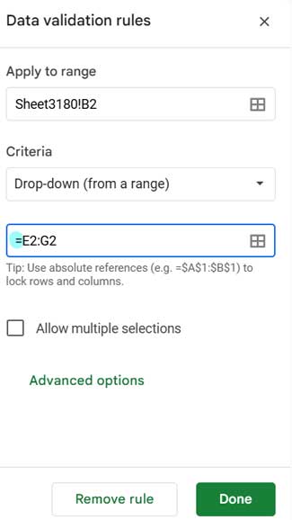 Drop-down from a range sidebar in Google Sheets showing relative reference using =E2:G2