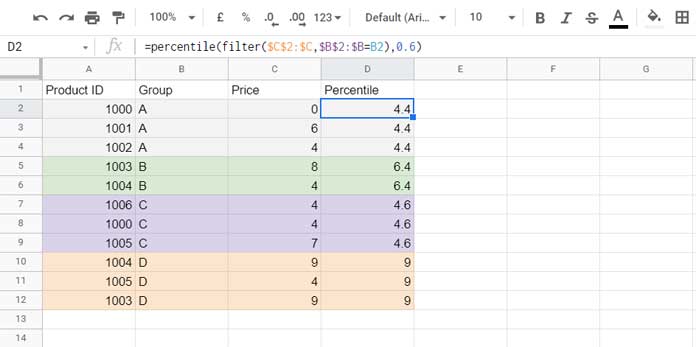 Percentile Column - Sheets