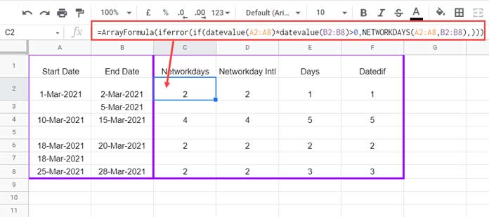 Array Formula to Calculate Number of Days Ignoring Blank Cells