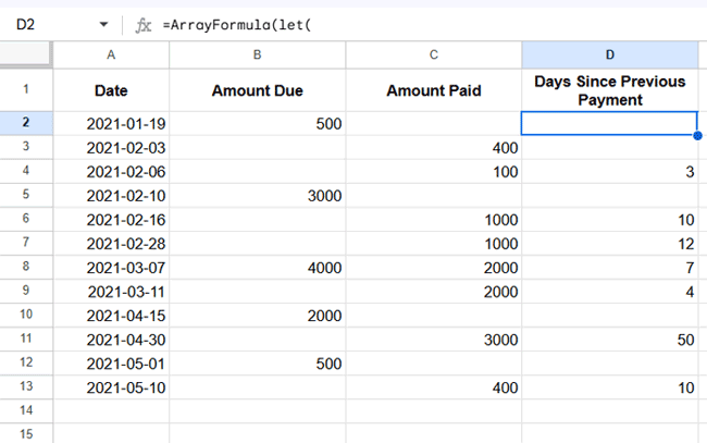 Google Sheets table showing days since last payment auto-calculated