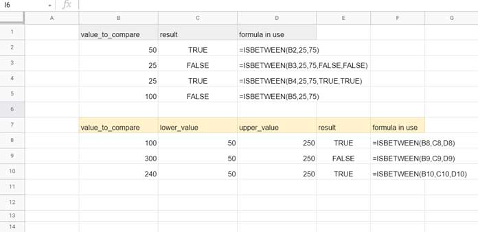 Examples to ISBETWEEN Function in Google Sheets