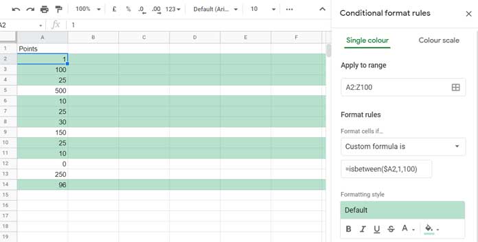 ISBETWEEN Function in Conditional Formatting in Google Sheets