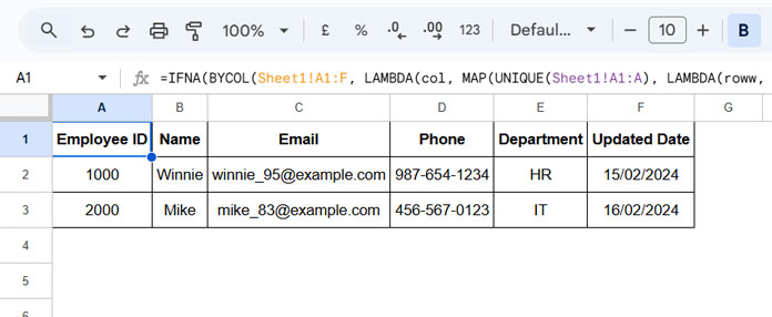 Example of Combining Rows and Keeping the Latest Values in Google Sheets