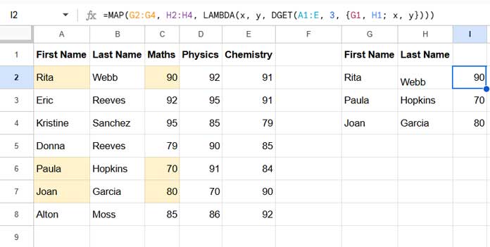 MAP and LAMBDA with DGET to look up multiple items using multiple criteria columns in Google Sheets